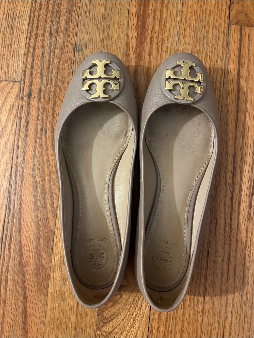 Tory Burch Taupe Leather Logo Round-Toe Flats with Gold Medallion